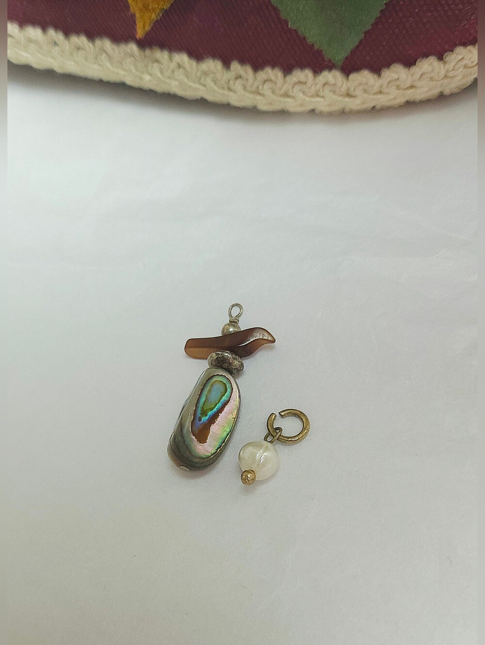 Handmade Sterling Silver Abalone Shell & Carved Agate Bird Pendant & Real Pearl